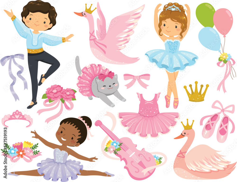 Ballet and ballerina clipart set. Male and female ballet dancers with cute cartoons related to ballet. Ballet and ballerina clipart set. Male and female ballet dancers with cute cartoons related to ballet.