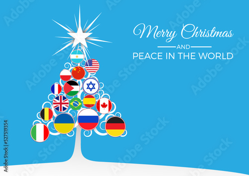 Christmas tree with national flags, world peace without wars. Vector illustration, greeting card.