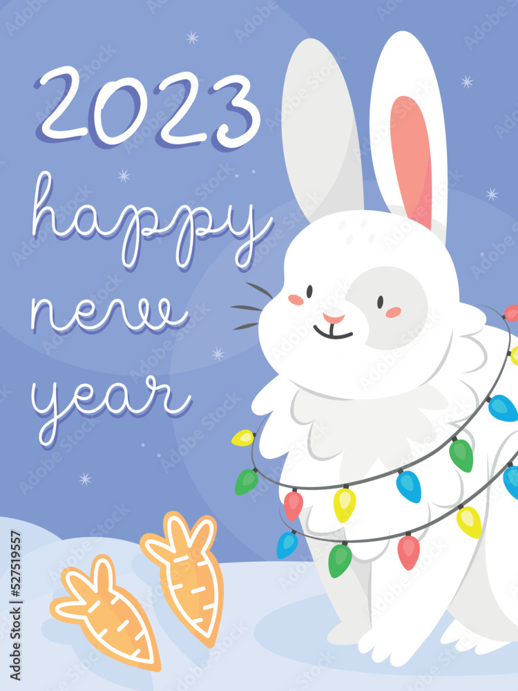 The design of the New Year's postcard 2023 rabbit. A card with a cute rabbit with a garland in cartoon style and the text happy new year. Vector illustration. The design of the New Year's postcard 2023 rabbit. A card with a cute rabbit with a garland in cartoon style and the text happy new year. Vector illustration.