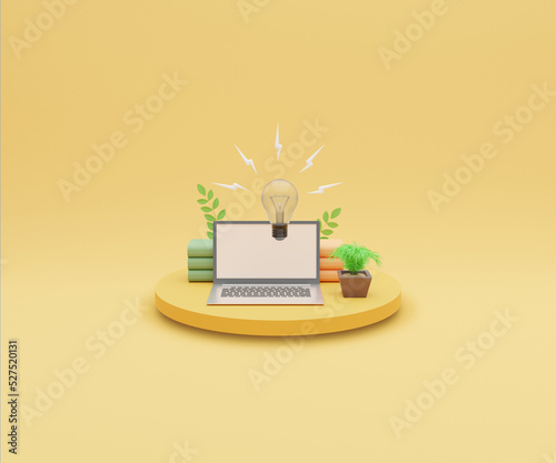 Learning online 3d illustration with laptop and books, Modern education and online learning.