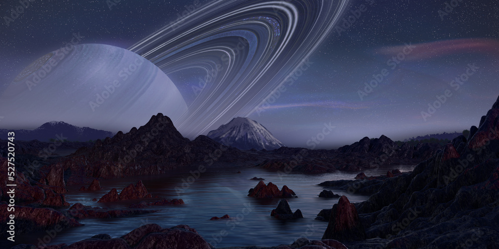 Saturn seen from Titan. Planetary landscape of a habitable world. Planet with rings and starry sky.3D illustration.