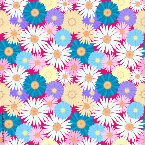 Colorful chamomile daisy flower blossom illustration seamless pattern, flora drawing design on pink background for fashion clothing textiles printing, wallpaper and paper wrapping © Arunee