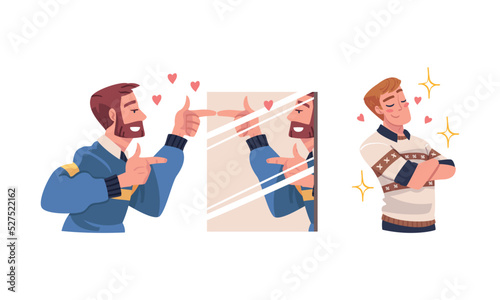 Self Love with Man Character Admiring Himself Looking in Mirror Delighted with His Appearance Reflection Vector Set