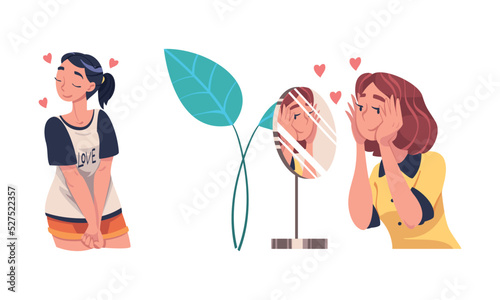 Self Love with Woman Character Admiring Herself Looking in Mirror Delighted with His Appearance Reflection Vector Set