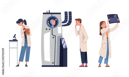 Man and Woman Scientist Character in White Coat Examining Graph and in Microscope Vector Set