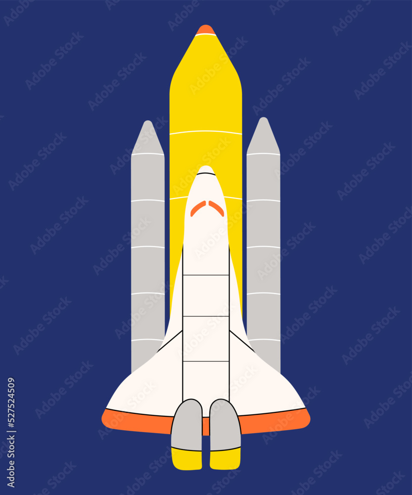 Spaceship, shuttle in simple flat line vector style. Jet plane, nasa, astronomy, cosmos, technology, travel, vehicle, apparatus, explore. Abstract isolated illustration for sticker, icons, patches. 