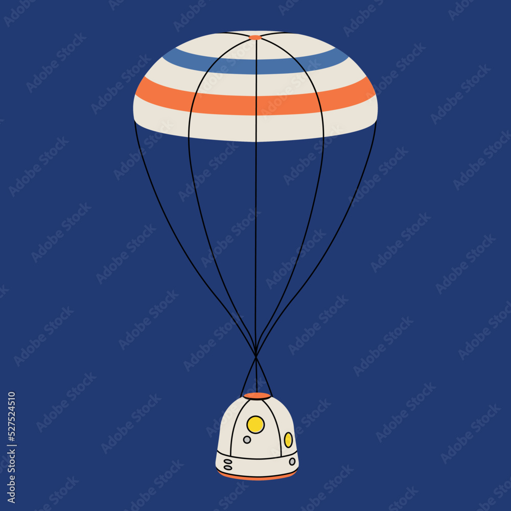 Capsule with parachute in vector line flat style. Spacecraft or ship