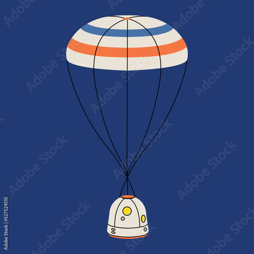 Capsule with parachute in vector line flat style. Spacecraft or ship, scientific modern technology, astronomy, cosmos, return to Earth, ejection, mission. Trendy cartoon illustration sticker, icons.