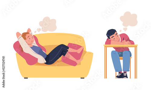 Man and Woman Character Dreaming Imagining and Fantasizing Having Spontaneous Thought in Bubble Vector Set