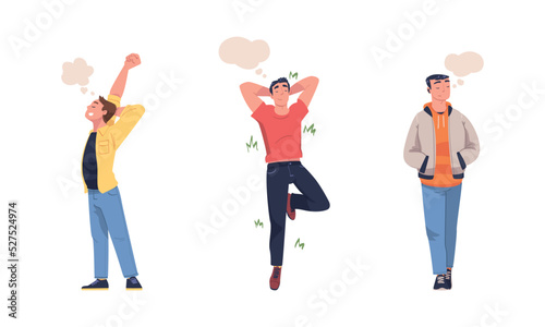 Man Character Dreaming Imagining and Fantasizing Having Spontaneous Thought in Bubble Vector Set