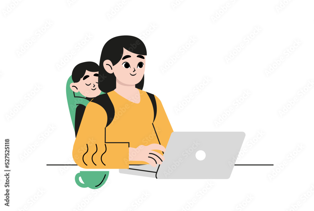 Mother work from home. Working mom, happy busy freelancer holding baby. Woman sitting computer desk talk phone swanky. Flat vector illustration isolated on white background Mother work from home. Working mom, happy busy freelancer holding baby. Woman sitting computer desk talk phone swanky. Flat vector illustration isolated on white background