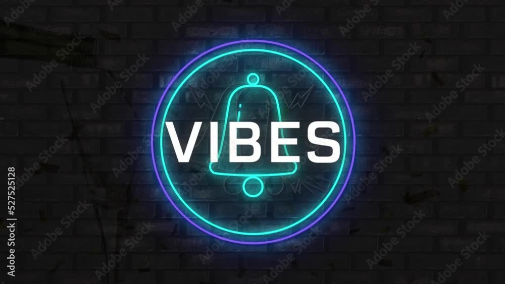 Animation of vibes text banner over neon notification bell icon against grey brick wall Animation of vibes text banner over neon notification bell icon against grey brick wall