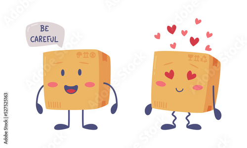 Cute Delivery Cardboard Box Character Saying Be Careful and Feeling Love Vector Set photo