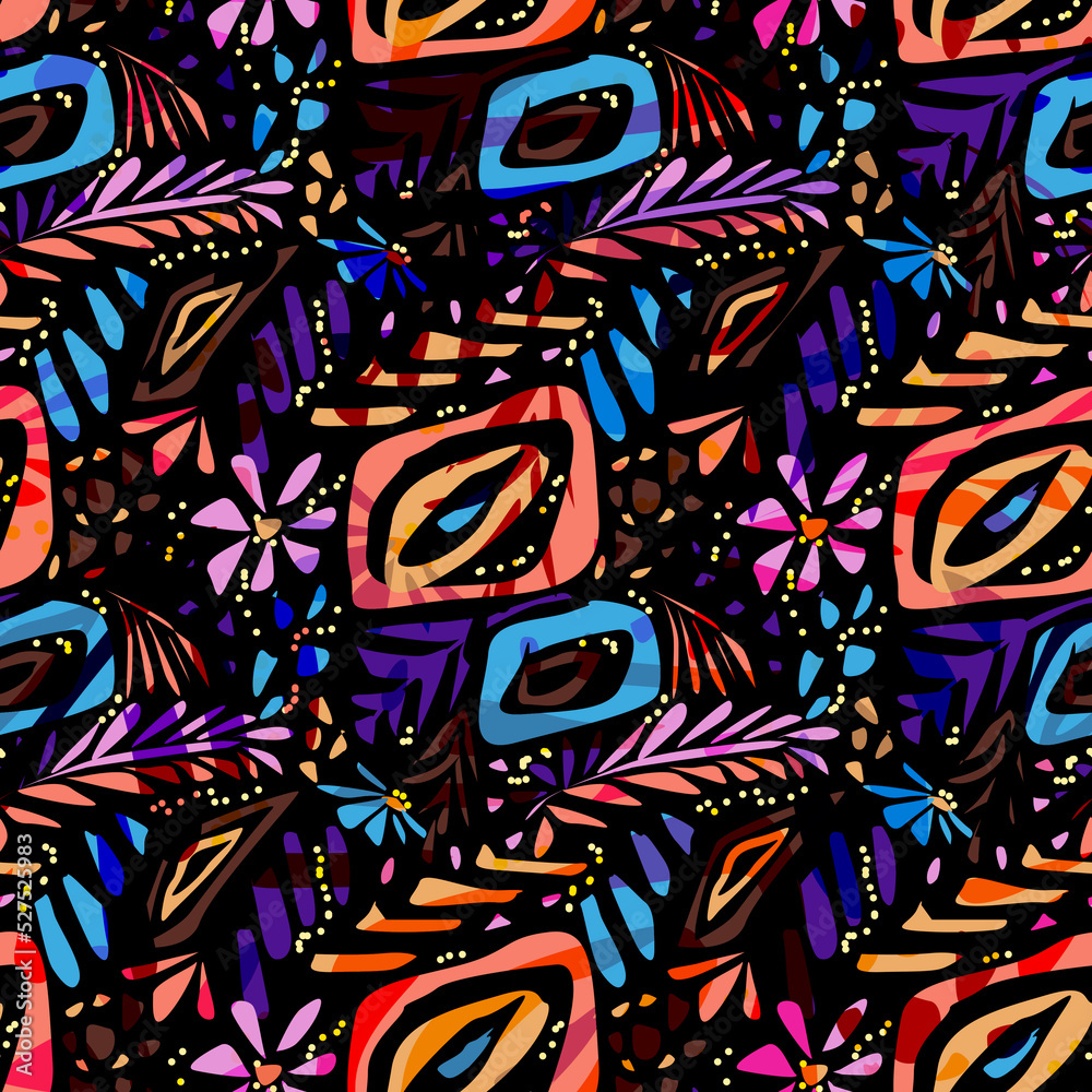 Seamless multicolor pattern. Colorful flowers and figures on a black background.