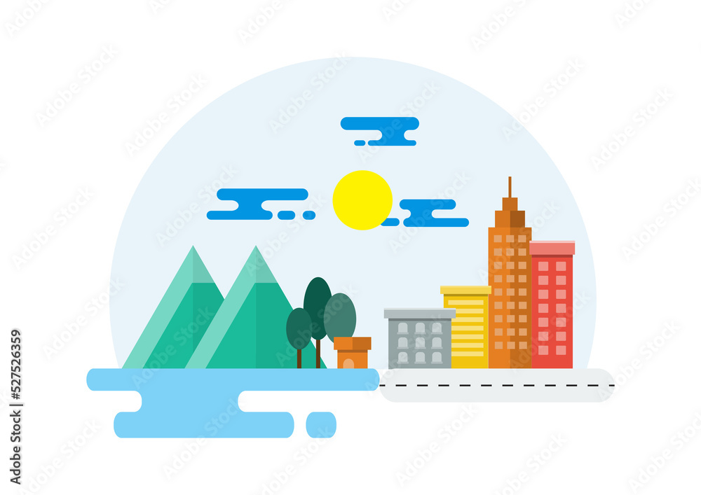 Countryside and City Landscape, Flat Design.