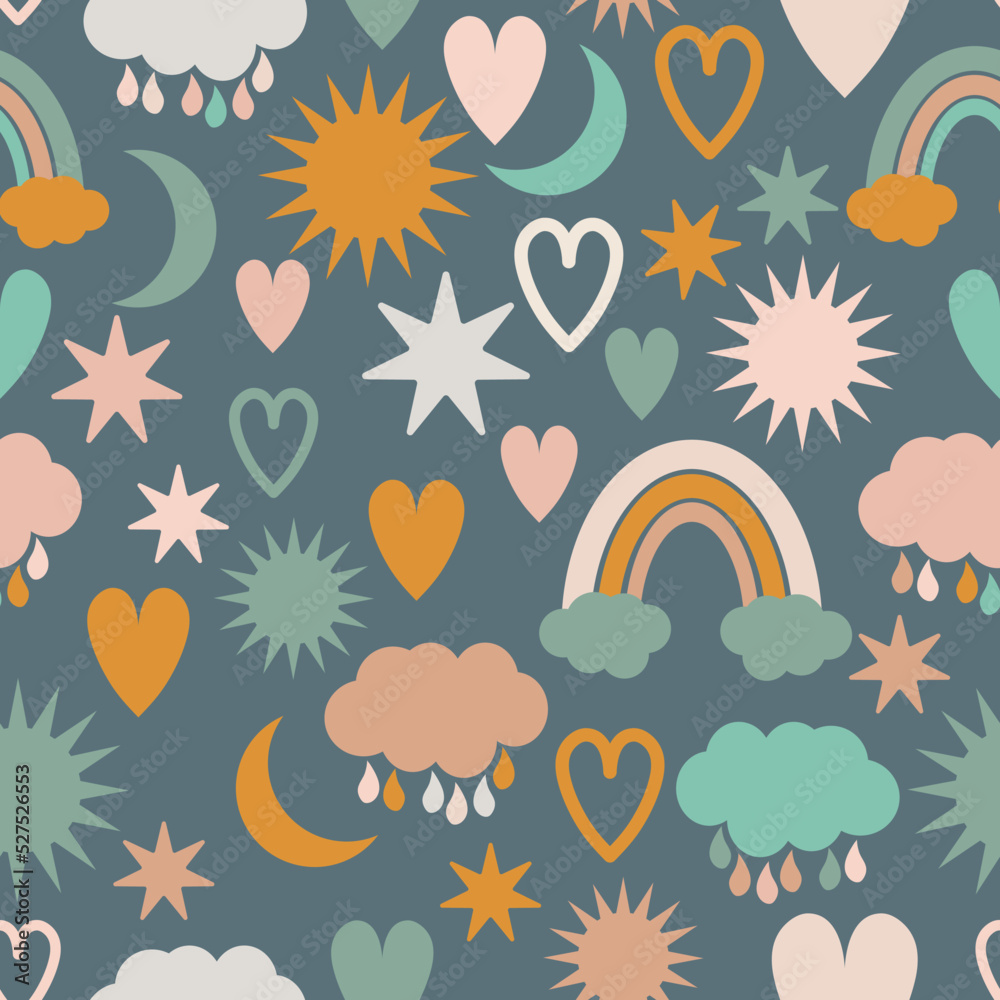 Rainbows, clouds, suns, raindrops, stars and moons seamless repeat pattern for kids suitable for clothes, nursery, fabric, home decor, wrapping paper etc. Rainbows, clouds, suns, raindrops, stars and moons seamless repeat pattern for kids suitable for clothes, nursery, fabric, home decor, wrapping paper etc.