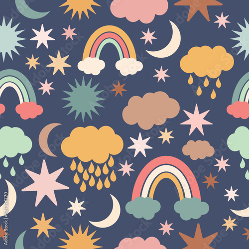 Rainbows, clouds, suns, raindrops, stars and moons seamless repeat pattern with dark blue background for kids suitable for clothes, nursery, fabric, home decor, wrapping paper etc.