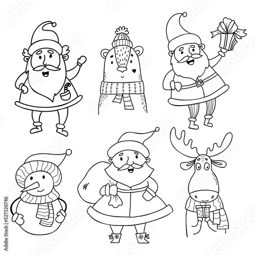 collection doodle cartoon winter christmas characters. Cute old man Santa Claus with bag and gift, snowman and bear in knitted scarf and hat, an elk with box. Isolated vector hand drawings.