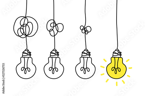 Simplifying the complex, confusion clarity or path vector idea concept with lightbulbs doodle illustration