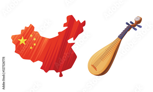 Red China Border Map with Yellow Stars and Pipa as Traditional Cultural Chinese Symbol Vector Set