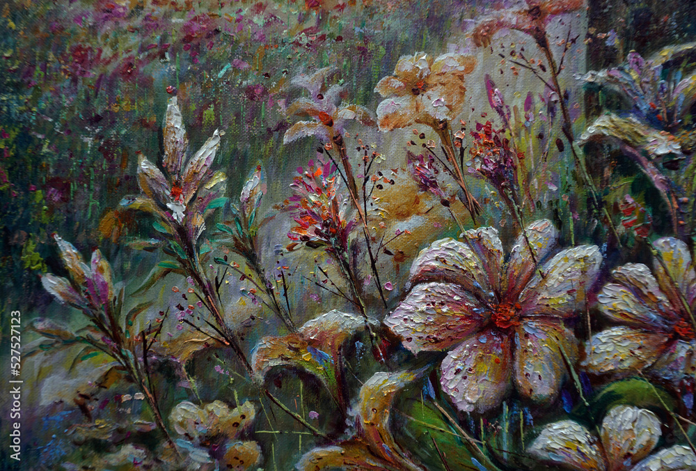 Fototapeta premium hand painted impressionism painter flick the abstract oil color painting flower petal background colorful mix colors oil paints of artwork bright colors element art blossom bloom botanical vegetation