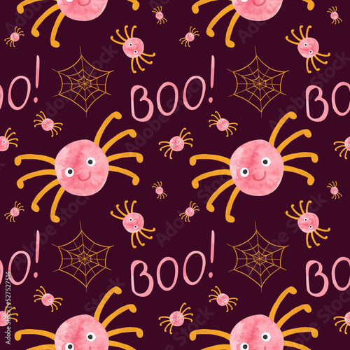 Kids Halloween seamless pattern with pink spiders and orange cobwebs. Cute childish digital scrapbooking paper on white  background.