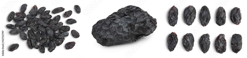 Black raisin isolated on white background. Top view. Flat lay, Set or collection Black raisin isolated on white background. Top view. Flat lay, Set or collection
