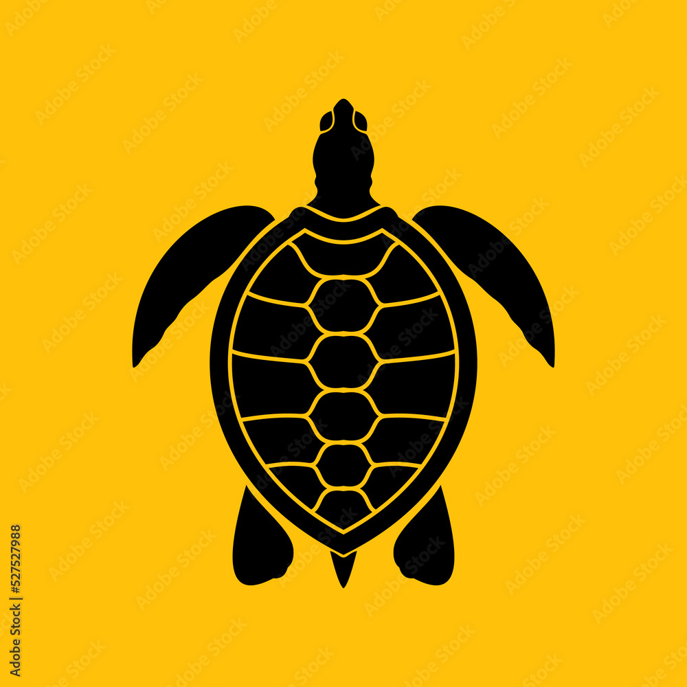 Fototapeta premium Vector silhouette of a turtle isolated on a yellow background.