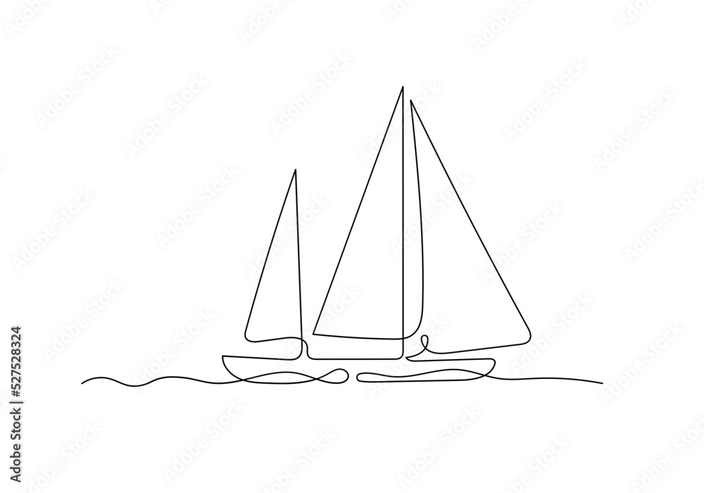 Continuous line drawing of a sailboat in the sea. Minimalism art. Continuous line drawing of a sailboat in the sea. Minimalism art.