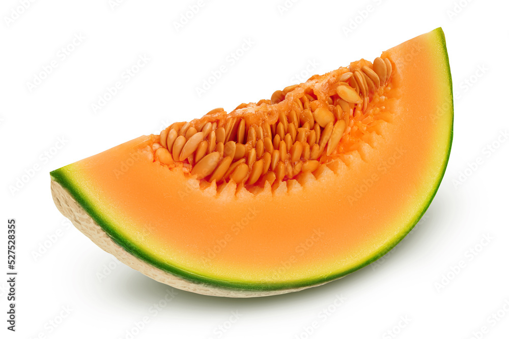 Cantaloupe melon piece isolated on white background with full depth of field. Cantaloupe melon piece isolated on white background with full depth of field.
