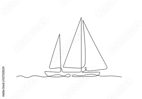 Continuous line drawing of a sailboat in the sea. Minimalism art.