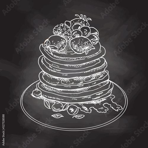 Vector vintage pancake drawing. Hand drawn monochrome food illustration. Sketch of Pancakes with berries and syrup. White sketch isolated on black chalkboard.
