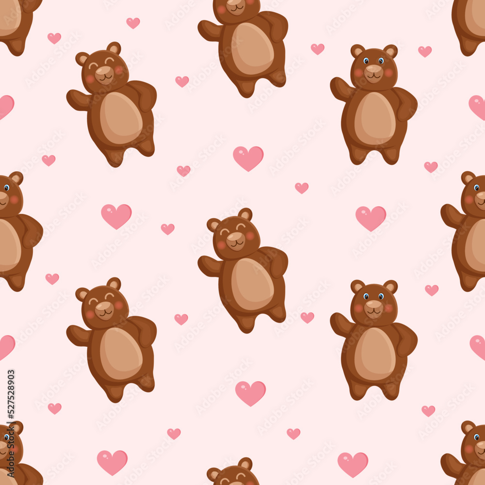 Fototapeta premium Seamless vector pattern with forest brown bears and hearts. Vector illustration for fabric, texture, wallpaper, poster, postcard. Editable elements. Cartoon design.