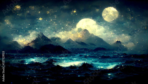Night fantasy seascape. Night neon blue light. Reflection of moon on ocean water waves.