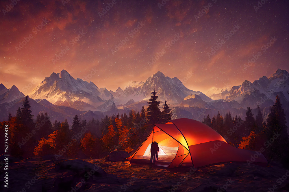 Landscape beautiful autumn misty mountains. Tourist tent with night bonfire, Yellow trees on hill in fall colors.