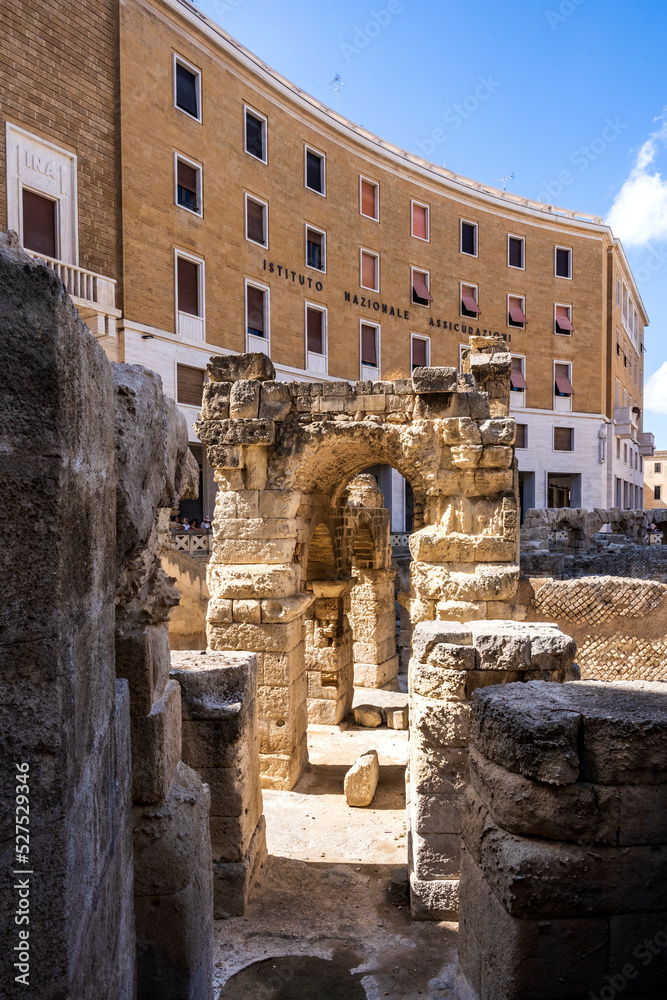 Ruins of the Roman amphitheater built in the ancient Roman city of Lupiae, today Lecce, in Salento, Puglia region, Italy