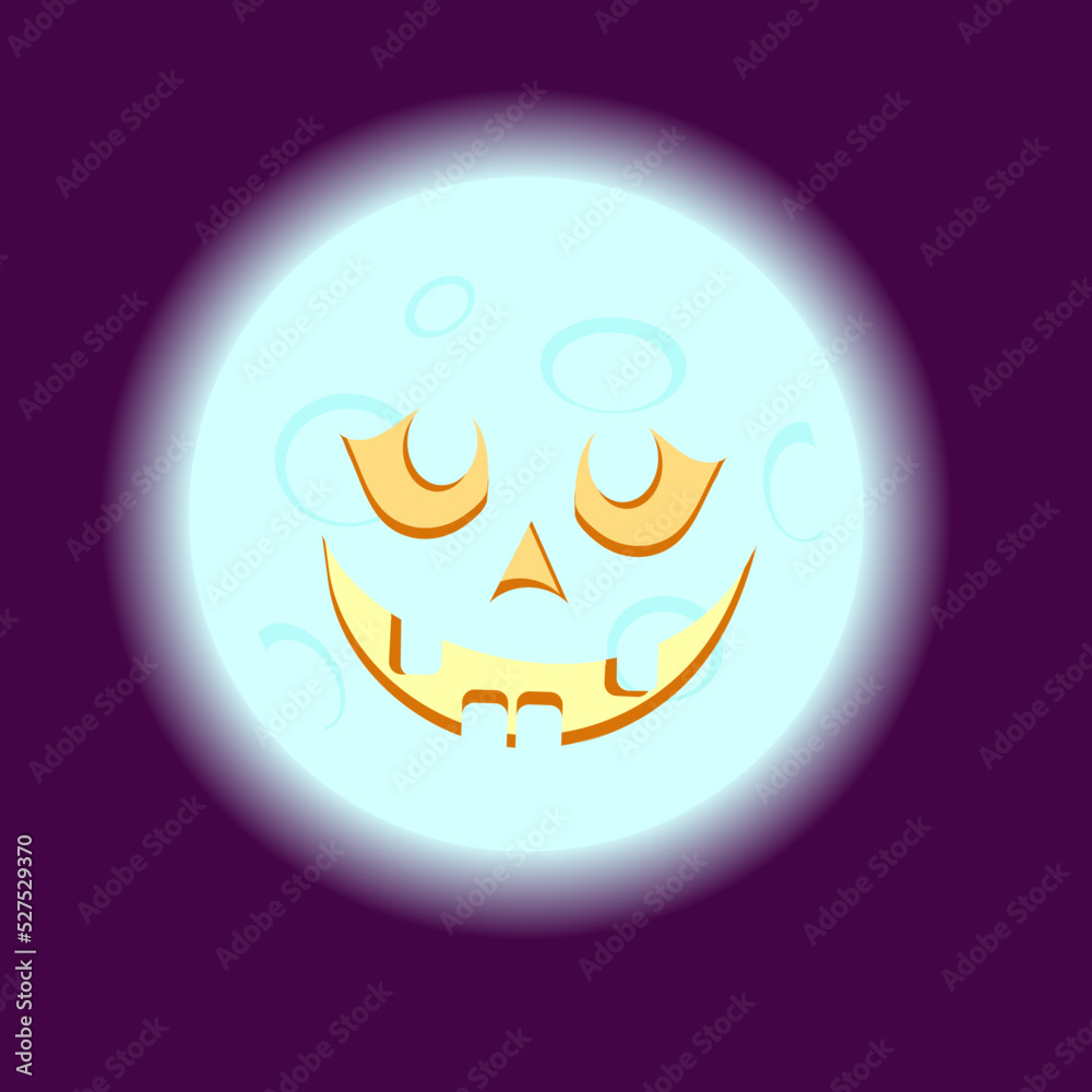 Evil full moon with jack pumpkin smile on dark purple background. A separate element for the design of greeting cards for Halloween, poster, poster, banner, creative projects. Evil full moon with jack pumpkin smile on dark purple background. A separate element for the design of greeting cards for Halloween, poster, poster, banner, creative projects.