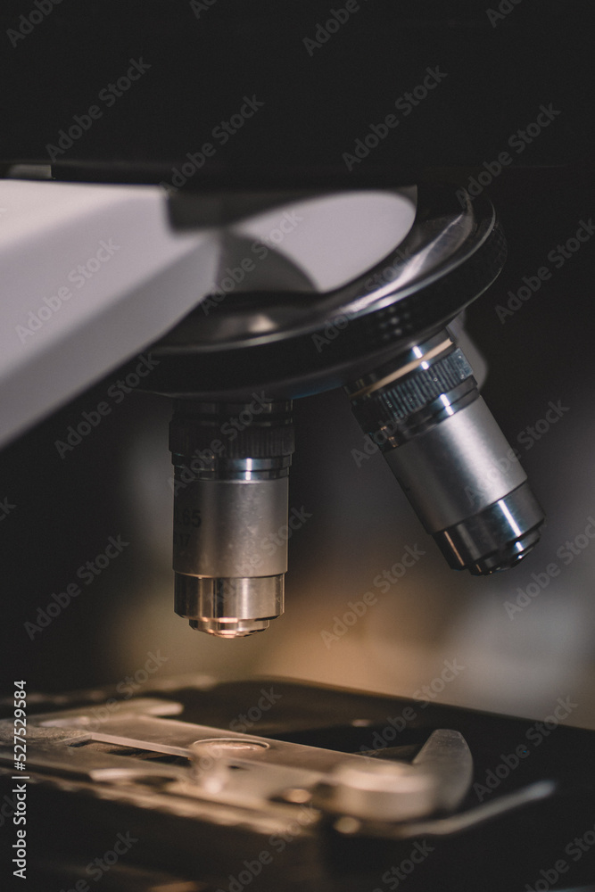 Microscope in laboratory science closeup research. Laboratory of biology by biotechnology for analysis, experiment, education and test.