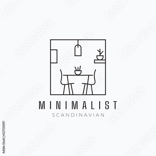 Minimalist line art scandinavian dining room logo vector illustration design. Simple modern furniture store logo concept.