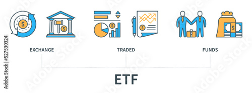 Exchange traded funds concept with icons in minimal flat line style