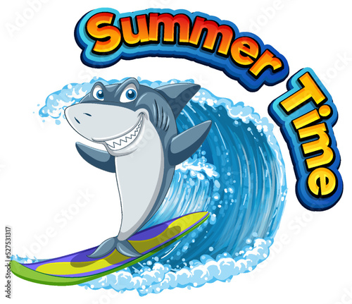 Cute shark cartoon character surfing ocean scene