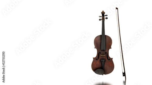 3d render violin isolated in white background rotated on the right side, with place for text