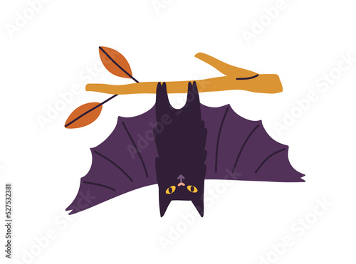 Cute spooky bat hanging on tree branch. Creepy funny night vampire animal upside down with wings spread. Scary Halloween character. Childish flat vector illustration isolated on white background