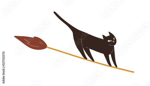 Black cat flying on witch broom. Cute funny creepy kitty flies on Helloween holiday. Spooky adorable feline animal, magic kitten. Childish flat vector illustration isolated on white background