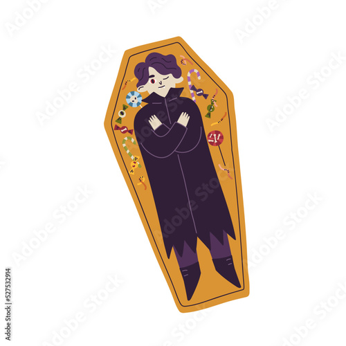 Boy dracula sleeping in coffin. Cute child disguised in Halloween holiday costume. Scary creepy kid vampire in Helloween cape. Childish spooky flat vector illustration isolated on white background