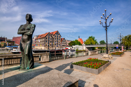 Three Graces - statues on the Brda waterfront in Bydgoszcz, Kuyavian-Pomeranian Voivodeship, Poland.