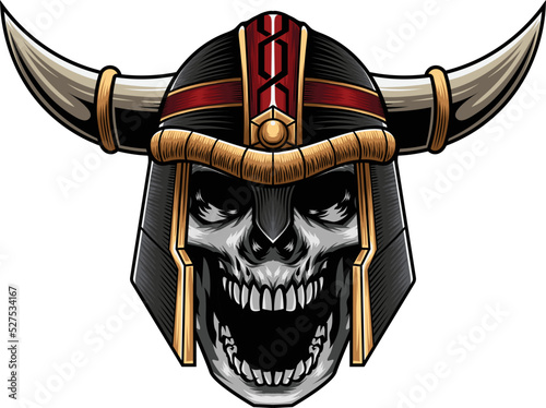 Vector Illustration of Skull Wearing Viking Helmet in Vintage Style
