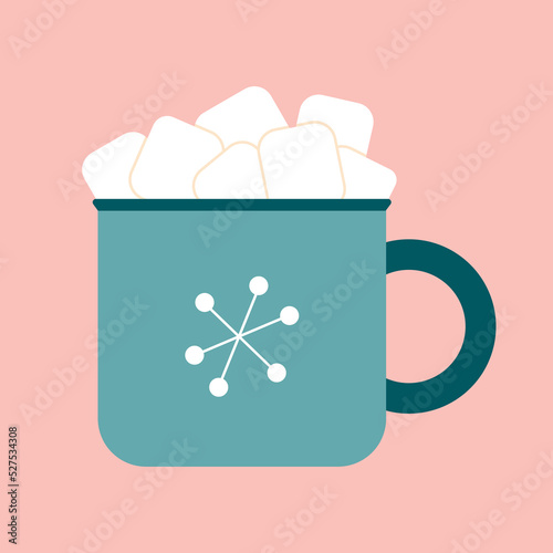 Christmas cocoa with marshmallows drink. Traditional warm cozy hot chocolate in a simple mug with snowflake. Flat illustration for winter holidays graphic design.