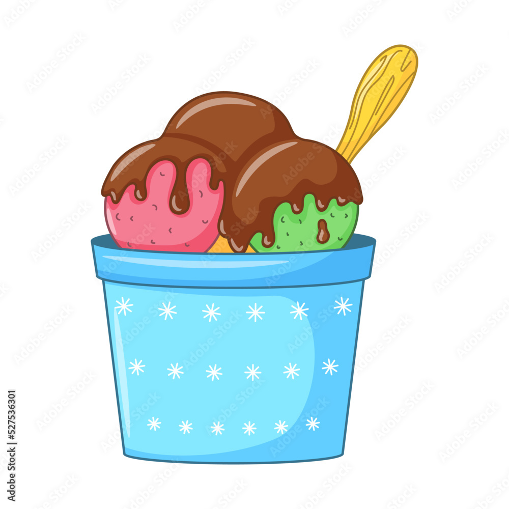 Ice cream pink and green balls with chocolate icing and wooden spoon in a bowl. Dairy cold dessert. Seasonal sweet food. Colored doodle hand drawn Vector illustration isolated on white. Cartoon style Ice cream pink and green balls with chocolate icing and wooden spoon in a bowl. Dairy cold dessert. Seasonal sweet food. Colored doodle hand drawn Vector illustration isolated on white. Cartoon style