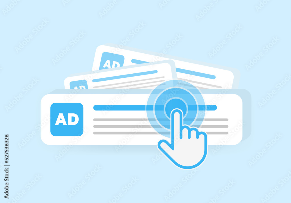 Targeted contextual ppc advertising or banner online ads concept. Contextual Digital Marketing, Behavioral Targeting or Retargeting illustration. Cursor icon clicks on advertisement among many others - obrazy, fototapety, plakaty 